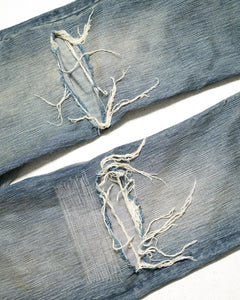 American Hollowed Out and Ripped Design Washed Denim Pants Hip-hop High Street Style Worn Edges Old Straight Leg Wide Leg Pants