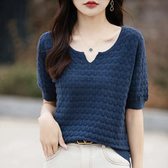 Women's T-shirt Summer New 100% Pure Cotton Tees Casual Solid Knitted Short sleeved V-neck Pullover Loose Tops Fashion Sweater
