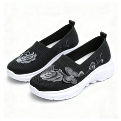 2026 Summer Women Breathable Knit Floral Embroidery Platform Loafers Slip On Walking Shoes Lightweight Soft Cushion Insole Anti Slip Wedge Sole Comfort Casual Daily Outdoor Travel Nurse Footwear Black Khaki Green Multiple Siz