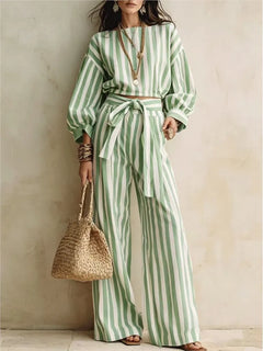 Women New Striped Long-sleeved Shirts Trousers 2piece Set Fashion Casual Ultra-short Top Waisted Lace-up Loose Wide-leg Long Set
