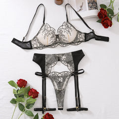 MUZISKAT 2024 Sexy Lace Underwear Women's Three Piece Bra And Underwear Set Embroidered Underwear Women's Underwear Sexy Set