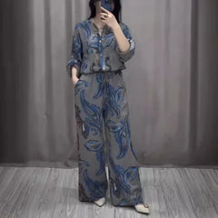 Fashion Printed Single Breasted Boho Shirt Elegant O-neck Single Breasted Shirt Wide Legs Trousers Office Commuter Two-piece Set