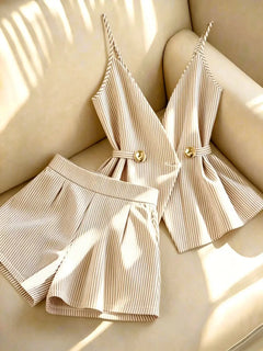 Women Striped 2 Piece Set V-neck Top Lace Up High Waist Pleated Wide Leg Shorts Summer Fashion Office Ladies Commuting Outfit
