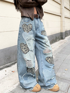 American Retro Heart-Shaped Leopard Print Patchwork Women's Loose High-Waisted Blue Wide-Leg Jeans, Street Fashion Niche Design Versatile Trousers