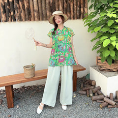 Summer Cotton-silk blend Cheongsam 2 Pcs Set Loose Short Sleeve Frog Closure Tops and Wide leg Pants New Chinese Style Plus size
