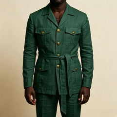 Mens Off White Linen Safari Suits 2 Piece Notched Lapel Prom Suit with Belt Gold Buttons Multi Pockets Beach Summer Wedding