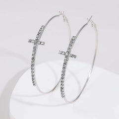Shiny Big Circel Cross Hoop Earrings for Women Exquisite Rhinestones Ear Buckles Earrings High-end Geometric Ear Rings Jewelry
