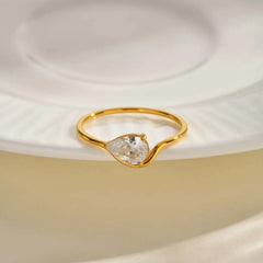 Minimalist Water Drop White Zircon Women Ring, Wave Drop Stainless Steel Ring, 18K Gold Plated Waterproof Luxury Jewelry