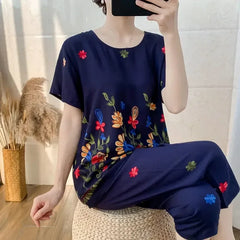 Summer Women Cotton Linen Short Sleeve Set Large Size Middle-Aged