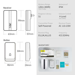 VeryHome Wireless Doorbell Waterproof Self-powered Button Smart Door Bell Sets Home Welcome Outdoor House Chimes  Receiver