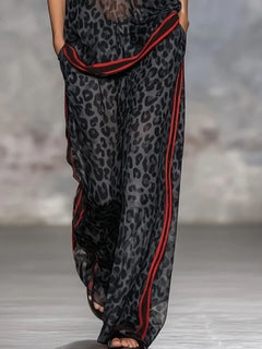 Summer Casual Outfits Female Leopard Print Stripe Contrast Color Two Piece Set for Women Short Sleeve Top & Wide Leg Pants