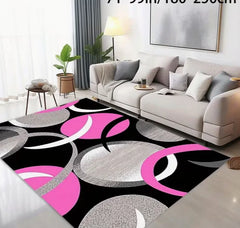 This Is a Large Area Rug with a Black Base Featuring a Geometric Pink Oval Texture Made of Golden Diamond Carpets