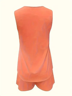 Plus Size 1XL-5XL Women Solid Chic Casual Two-Piece Set Comfortable Crew Neck Tank Top Grommet Eyelet Detail & Trendy Shorts