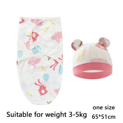 Baby Blanket Hat Set Cartoon Printed Cotton Newborn Swaddle Adjustable