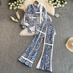 Elegant For Women's Fashion Sets Casual Long Sleeve Shirt Straight Pants Suit Female 2024 Loose Print Tops Two Pieces Outfits