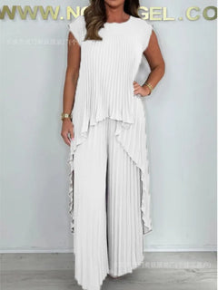 Summer Solid Casual Holiday Two Piece Sets Elegant Women Pleated Irregular O Neck Sleeveless Top + Wide-leg Pants Loose Outfits