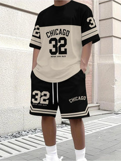 2026 Men's Tracksuit Chicago No.32 Print Short Sleeve T-shirt+Shorts Sets Outdoor Casual Suit Oversized Clothes 2 Piece Outfits