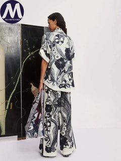 Women's Summer Versatile 2-Piece Set Printed Short Sleeve Shirt Top with Loose Wide Leg Pants Casual Fashion Outfit
