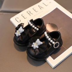 Baby Girl Leather Shoes Kids Bow Pearl Princess Shoes Shallow Soft Sole Cute First Walkers Infant Toddler Cartoon Single Shoes