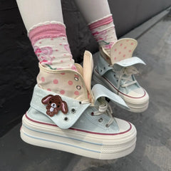 Chic Cartoon Women's Sports Shoes College Cute Platform High-top Summer Canvas Shoes for Girls Design Polka Dot Fold Sneakers
