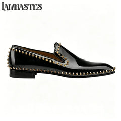 Metallic Stud Trimmed Mens Loafers Patent Matte PU Leather Slip on Shoes Edge Studded Accent Designer Style Formal Dress Shoes