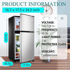 3.5Cu.Ft Compact Refrigerator Mini Fridge with Freezer, Small Compact Refrigerator with 2 Door, 7 Level Thermostat Removable Shelves for Kitchen, Dorm, Apartment, Bar, Office, Silver