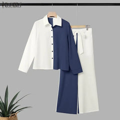 Fashion Women Matching Sets ZANZEA Autumn Long Sleeve Shirt Belted Wide Leg Pant Sets 2 Piece Chic Color-Blocking Office Outfits