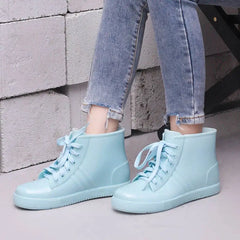 Fashion Lace Up Rainshoes Womens Light Blue Rain Boots Woman Oxfords Style Water Shoes Girls PVC Ankle Rainboots Green Galoshes