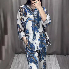 Fashion Printed Single Breasted Boho Shirt Elegant O-neck Single Breasted Shirt Wide Legs Trousers Office Commuter Two-piece Set