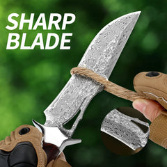 A Large Damascus Handmade Forged Knife - Fixed Blade, Wooden Handle