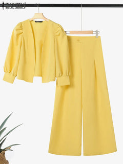 ZANZEA Elegant 2pcs Women Pant Sets Long Sleeve Cardigan Suit and High Waist Wide Leg Pants 2025 Fashion Solid Two-piece Outfits
