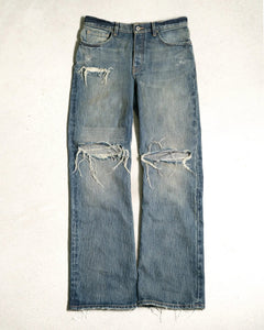 American Hollowed Out and Ripped Design Washed Denim Pants Hip-hop High Street Style Worn Edges Old Straight Leg Wide Leg Pants