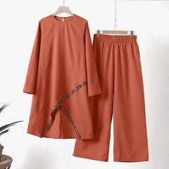 Women Eid Musulman Ensemble Muslim Sets Solid Blouses Wide Leg Pants Ramadan Morocco Two Pieces Dubai Kaftan Loose Modest
