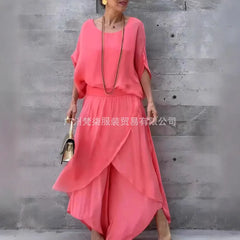 2025 Summer Fashion Women's Solid Color Casual Trendy Loose 2 Piece Chiffon Sets O-neck Short Sleeve T-shirts Wide Leg Trousers