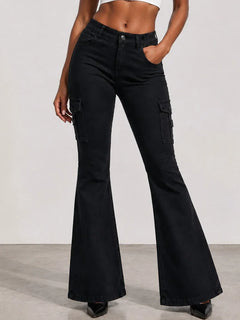Women's High-quality Stretch Vintage Washed Cargo Flare Jeans, Y2K Style, Casual and Versatile, Suitable for All Seasons