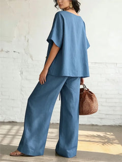 Casual Loose Pants Sets Women Summer Fashion Short Sleeve V-Neck Tops