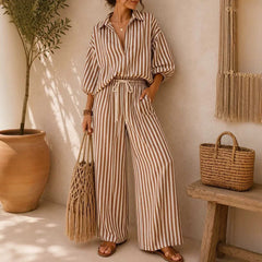 Fashion Stripe Two Piece Set Women Summer Autumn Casual V Neck Long Sleeved Top Wide Leg Pants 2 Piece Suit Women Outfit Sets