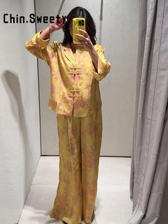 Fashion Women's Printed Button Top Long Pant Set Loose Stand Collar Full Sleeved Tops Wide Leg Pants 2026 Autumn Lady Suit New
