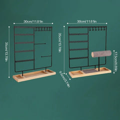 Metal Jewelry Organizer Stand with Wooden Tray - Multi-Functional Storage for Earrings, Necklaces, Bracelets & Rings