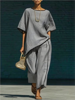 Summer Women's Fashion Splicing Striped Casual O Neck Short-sleeved Trousers Suit Loose Simple Wide Leg Long Pants 2 Piece Sets