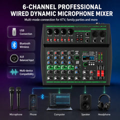 MW-6 Black 6-Channel Audio Mixer with Noise Reduction DJ Console | Bluetooth & USB Playback, Portable Controller Mixer, DSP 99 Preset Effects, Live Streaming, Podcasting, Home Party