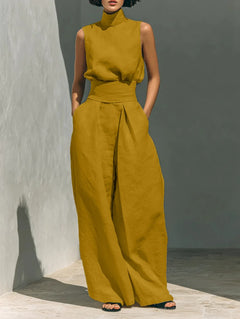 Casual Solid Cotton Linen Two-Piece Set for Women Sleeveless