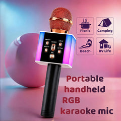 6-In-1 Wireless Karaoke Mic - Big Bass Wireless Speaker, LED Lights, Voice Changer, Pairable - Portable Singing Mic for Family, Birthday, Parties, Car Trips, Halloween, Thanksgiving And Christmas Gifts