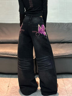 American Vintage Butterfly Embroidery Design Black Women's Loose Wide-Leg Jeans Y2K Street Fashion Versatile Straight-Leg Pants
