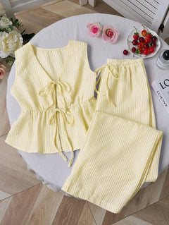 Solid Cami Wide Leg Pants Set | Tie Waist Loose Fit | Summer Two Piece Casual Outfit