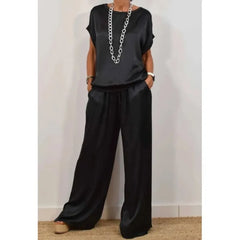 Summer Satin Two Piece Sets For Women V Neck Bat Sleeve Top Casual Loose Lace Up Wide-leg Pants 2 Piece Suit Female Home Outfits