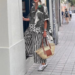 2 Piece Sets Women Summer Print Loungewear Long Pants Sets Vintage