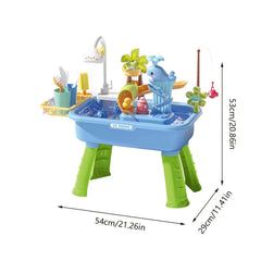 Kitchen Water table Sets with Pump,Tableware & Fishing Game for Kids,Children's Play Sink with Running Water & Electric Faucet