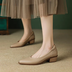 2026 New Spring Women Pumps Shallow Genuine Leather Med Heels Pointed Toe Summer Women Shoes Lady Shoes Leather Shoes