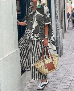 2 Piece Sets Women Summer Print Loungewear Long Pants Sets Vintage